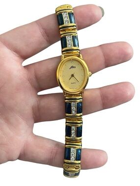 Alto Quartz‎ Women’s Gold Tone Blue Enamel Rhinestone Bracelet Watch Japan 7.5”